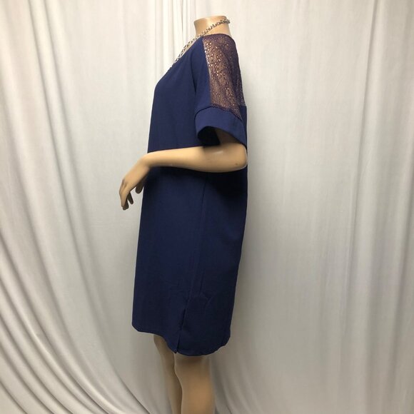 Laklook Dress Womens Size Large Navy Blue Sheer Lace Shoulder Shift NEW - Picture 2 of 7